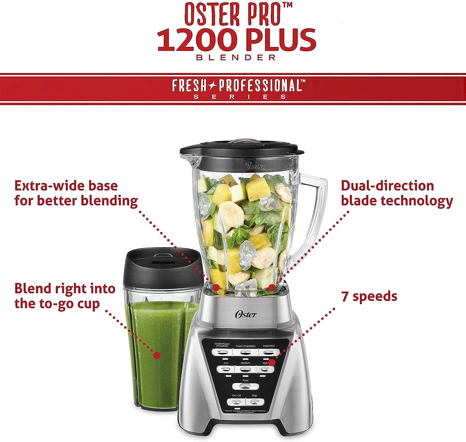 Oster Pro 1200 Blender, 6-Cup Glass Jar, 24-Ounce Smoothie Cup, 7 Speeds, Brushed Nickel
