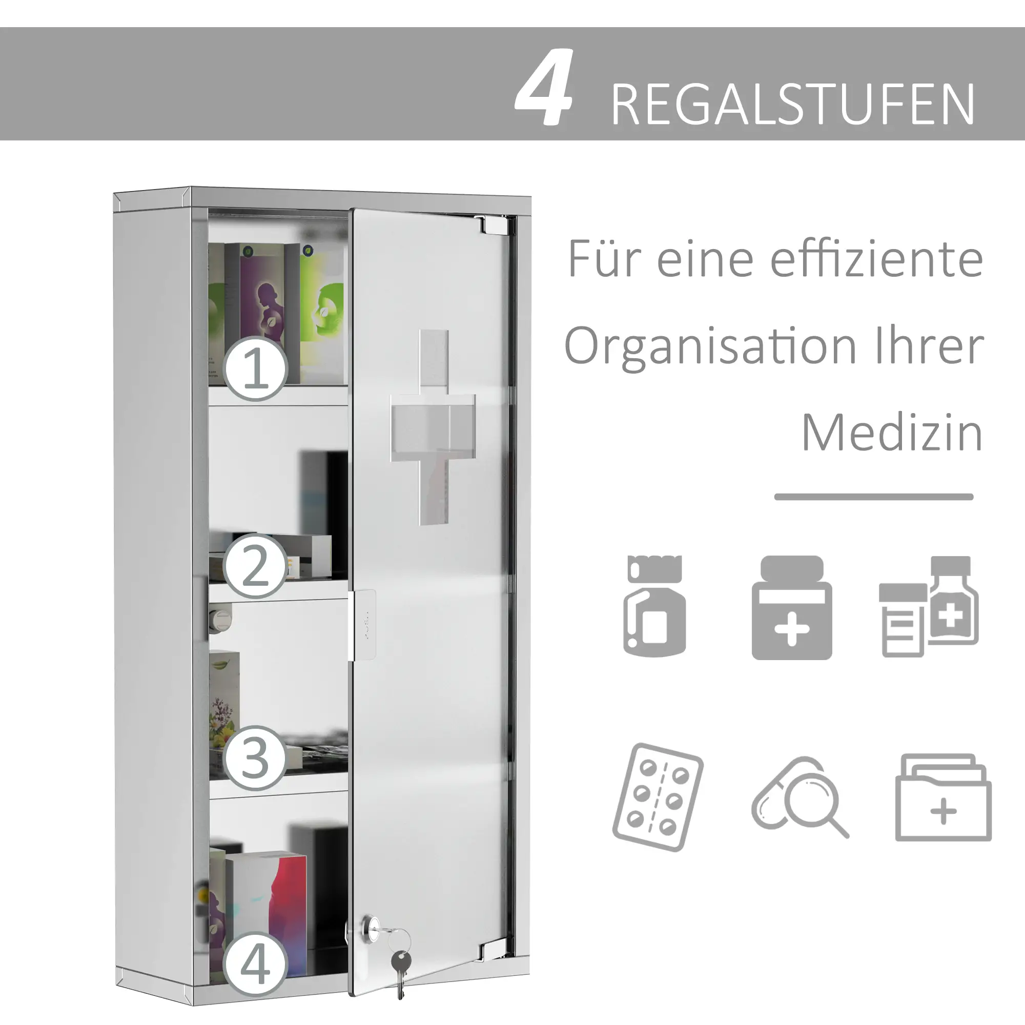 HOMCOM medicijnkast afsluitbaar Tip-On automatisch rvs