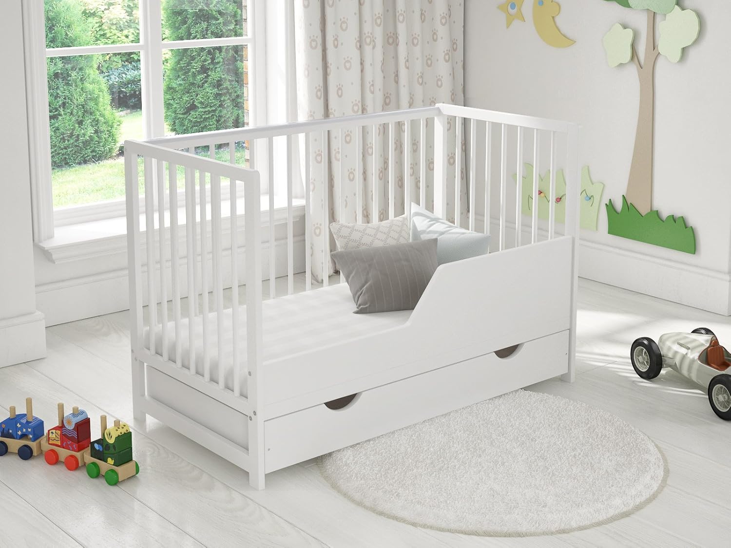 Love For Sleep Babybett Beistellbett 120x60cm mit Sicherheitsbarriere Umwandelbar und Matratze Weiß Denise Kinderbett Baby Bett Holz - Kinderbett Babybett, Mitwachsend Gitterbett Baby Bed