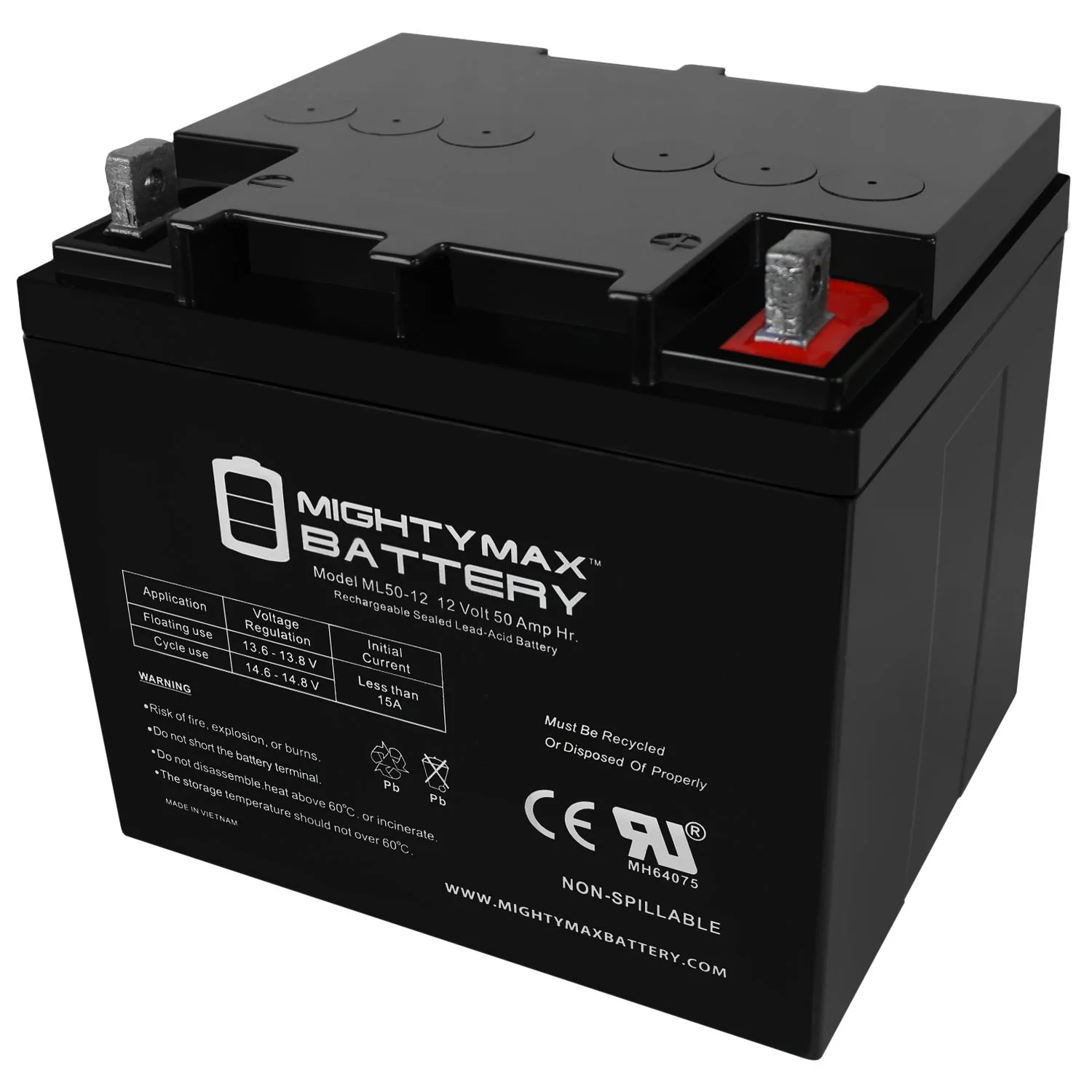 12 V 50 Ah Vervangingsbatterij voor Heartway Mystere PF5 en Forsa H10ML50-12 SLA, 12V 50AH gesloten loodzuur (SLA) onderhoudsvrije accu met UL-certificering.