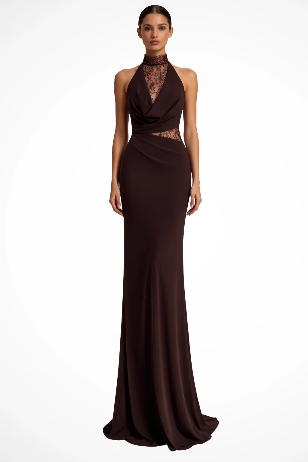 Damen Maxi-Kleid mit Neckholder und Spitzen-Einsatz | ?rmelloses Bodenlanges Abendkleid f��r Hochzeitsg?ste und Events
