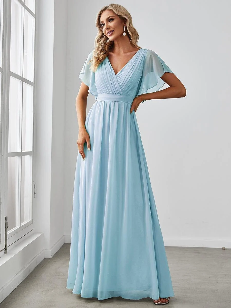 Abendkleid Damen Maxi A-Linie aus Chiffon | Festliches Kleid f��r Hochzeitsg?ste mit V-Ausschnitt und Fl��gel?rmeln