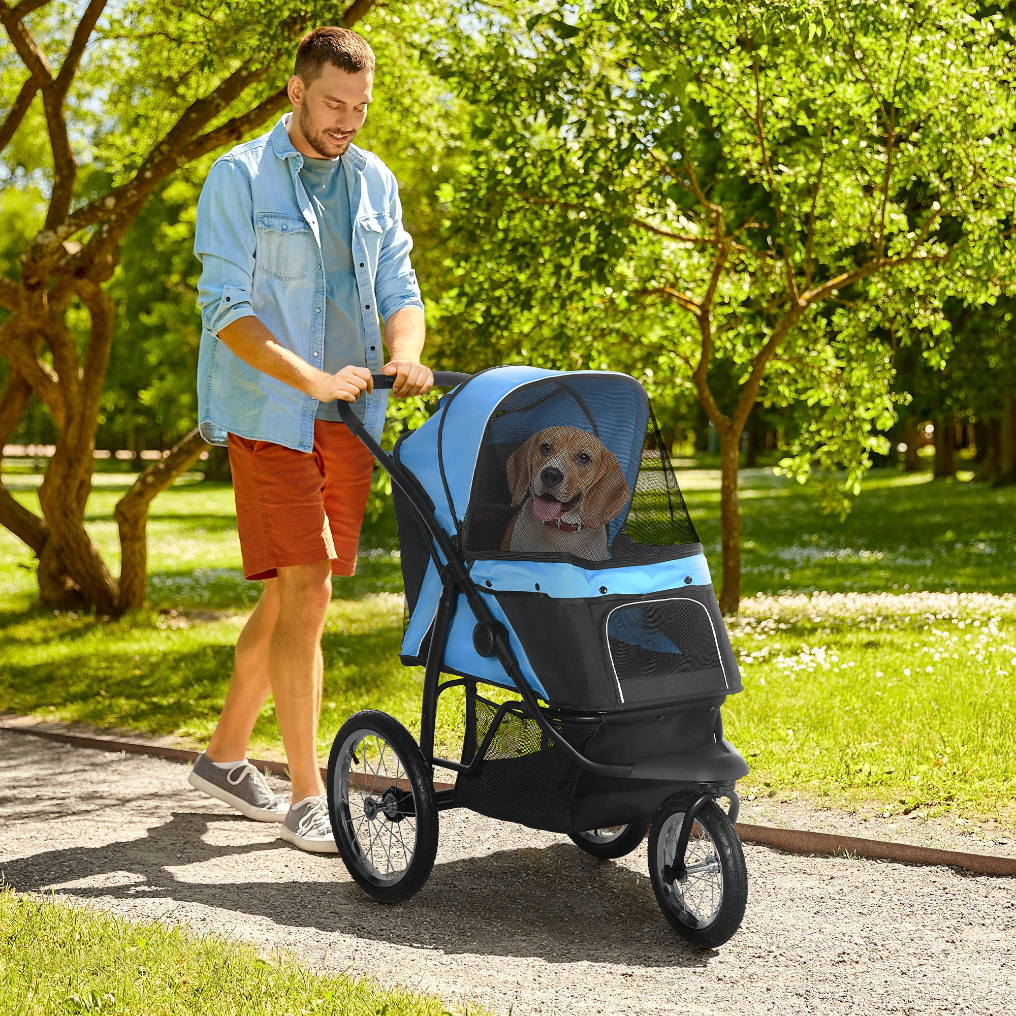 PawHut hondenkinderwagen, opvouwbaar, zonnescherm, gaasvenster, opbergmand, blauw, 111 x 58 x 107 cm