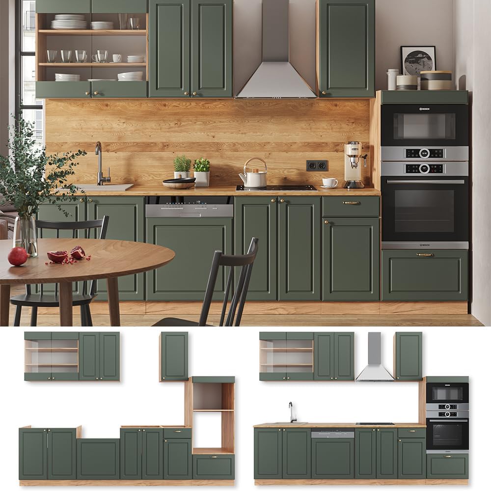 Vicco Küchenzeile Fame-Line, Grün-Gold Landhaus/Goldkraft Eiche, 300 cm mit Hochschrank, ohne Arbeitsplatte