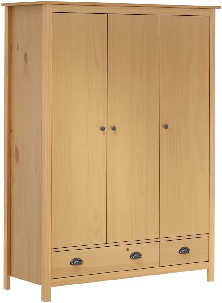 Kiefernholz Massiv Kleiderschrank mit 3 Türen 2 Schubladen Garderobenschrank Holzschrank Schrank Schlafzimmerschrank 127x50x170cm,Braun