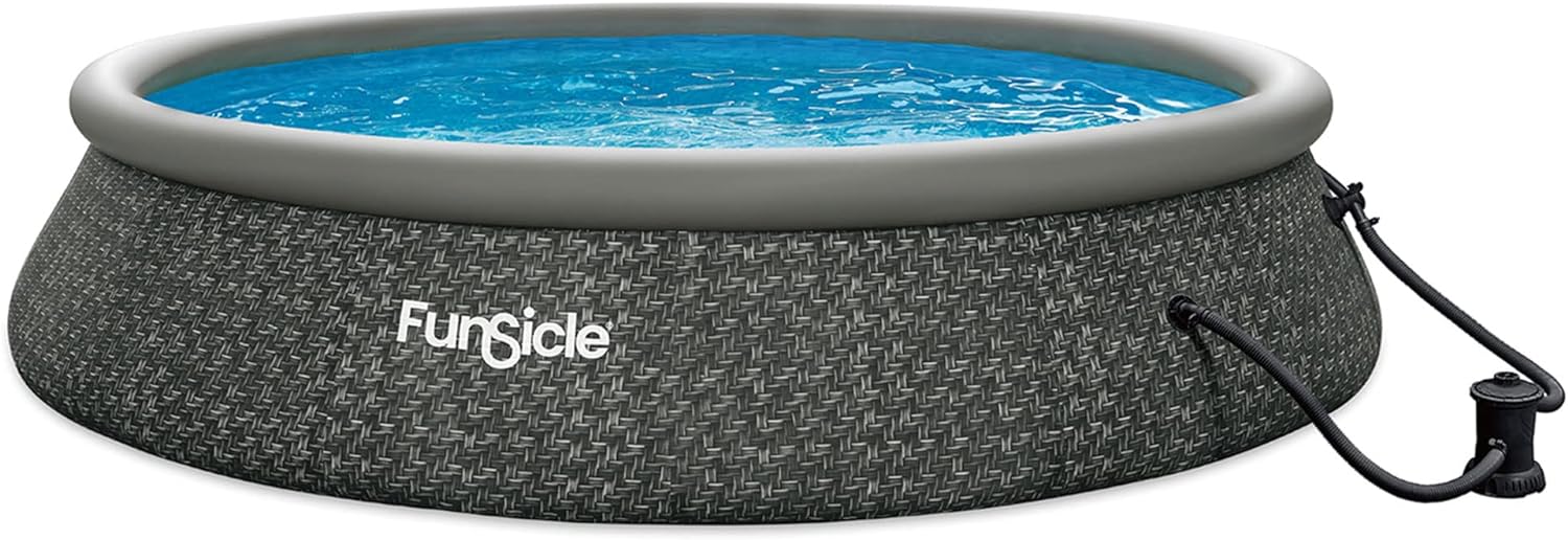 Funsicle 12 Foot by 36 Inch Quickset Round Inflatable Ring Top Outdoor Above Ground Swimming Pool Set with Pump and Cartridge Filter, Dark Herringbone