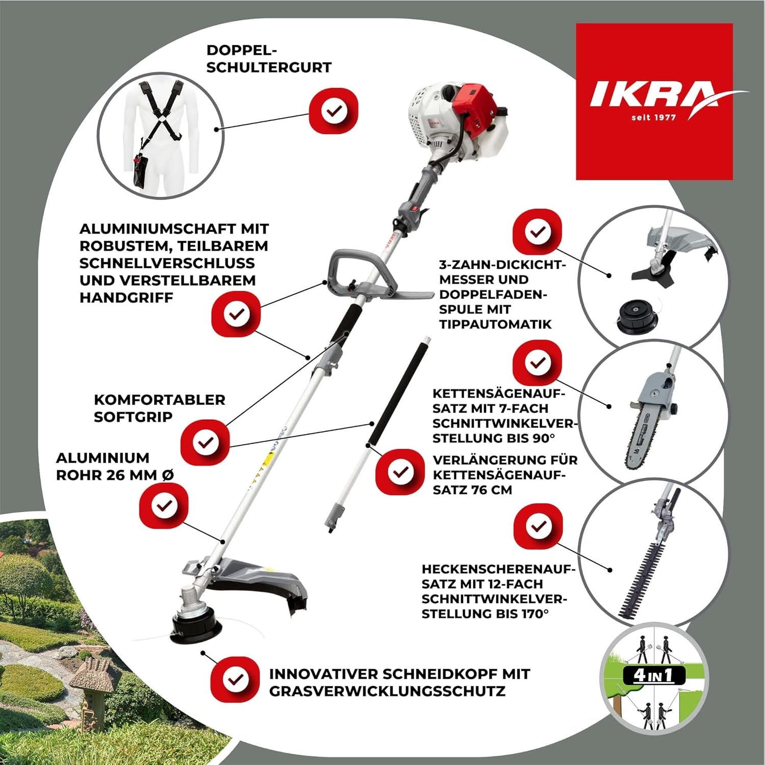 IKRA Multitool IBKH 33-1 Benzin 4in1 Garten Multifunktionswerkzeug inkl. Schutzbrille