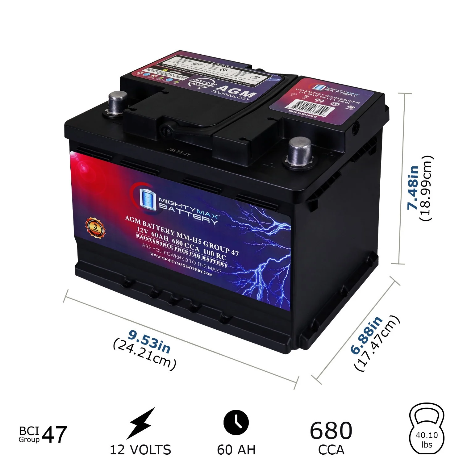 2025 Vervangende Batterij MM-H5 Groep 47 12V 60AH 100RC 680CCA Compatibel met Mazda CX-5 22