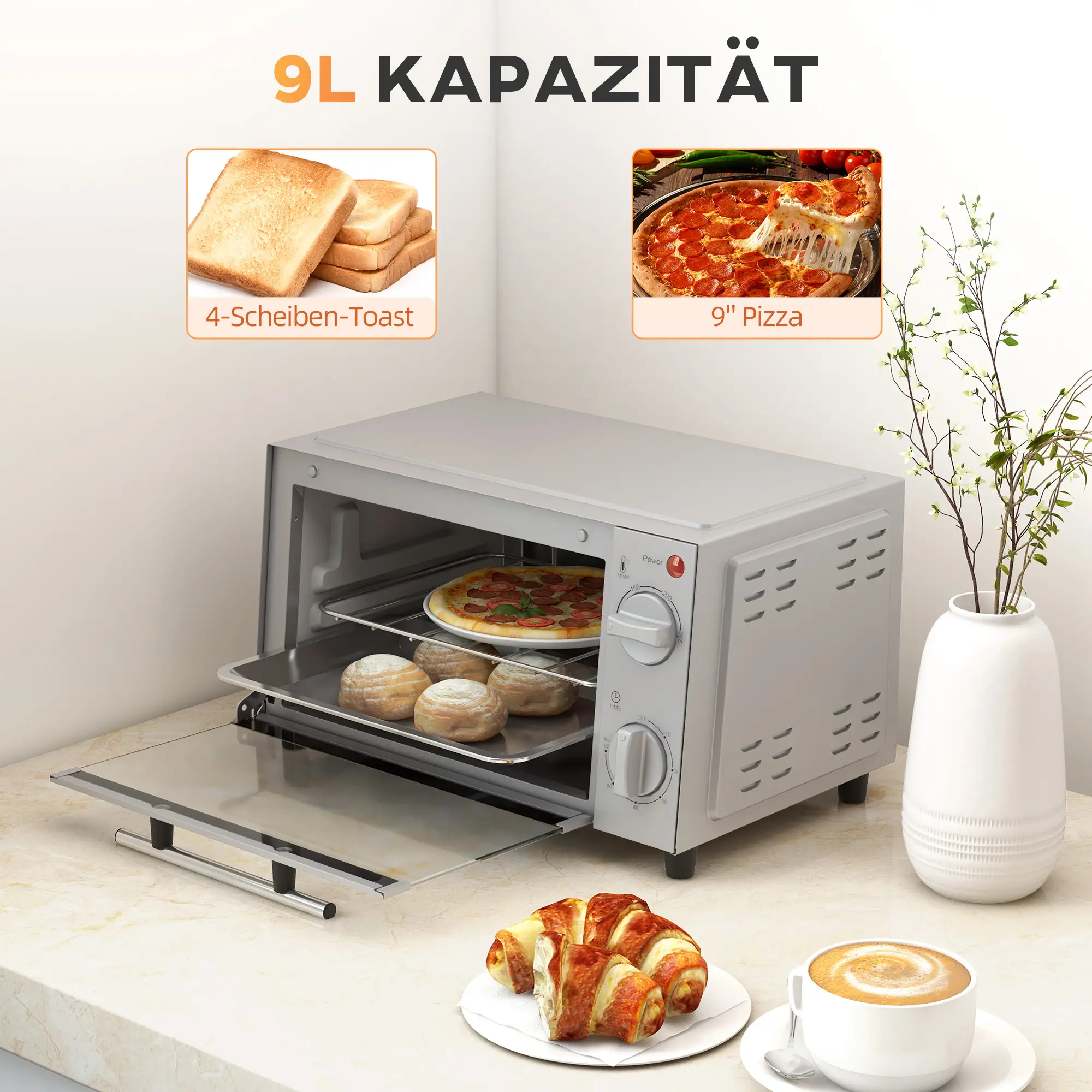 HOMCOM Mini-oven elektrisch met timer en kijkvenster RVS