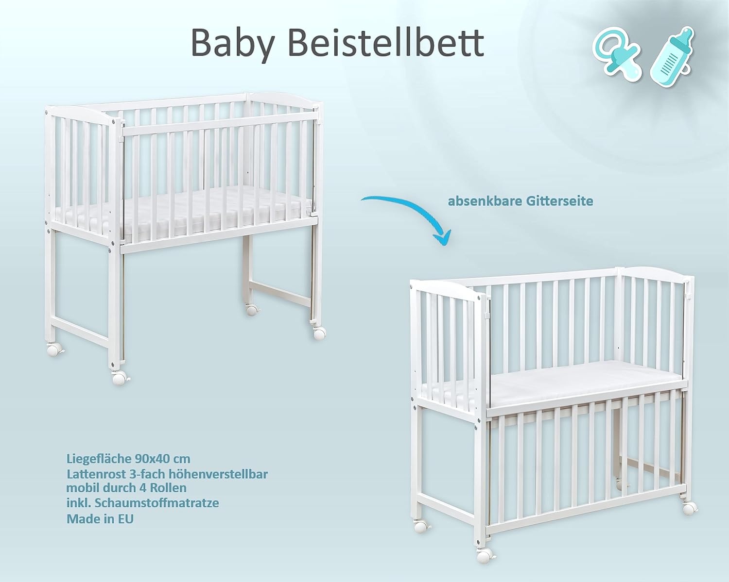 Baby Delux Beistellbett Babybett weiß 90x40 cm Stubenwagen höhenverstellbar mit Rädern und Matratze, 21983