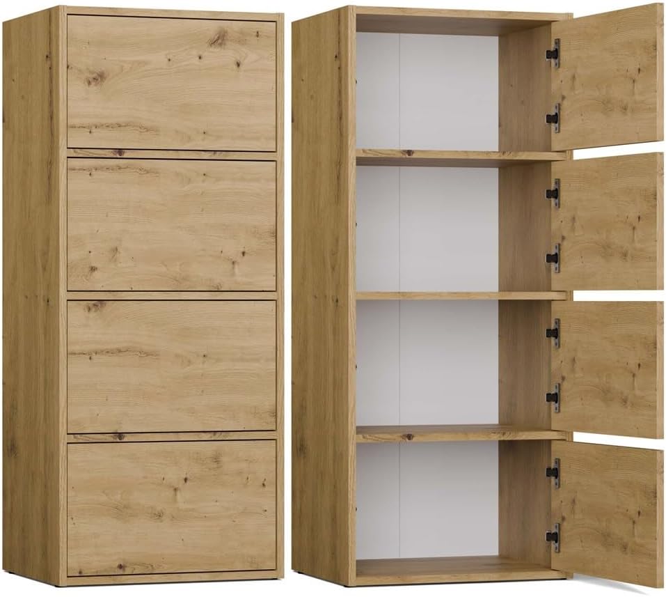 CDF Kommode Schrank Hochschrank mit 4 Türen und Einlegeböden - für Wohnzimmer Schlafzimmer Flur Büro – Grifflose Fronten – Modernes Design und langlebige Ausführung – Eiche Artisan Alma