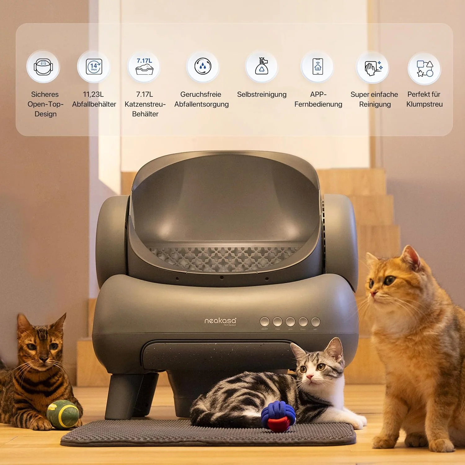 Neakasa M1 Kattenbak met open bovenkant zelfreinigend XXL, Geurvrij, Hygi?nisch, App-bediening, Grote capaciteit, met kattenbakmat, Kattenbak voor meerdere katten