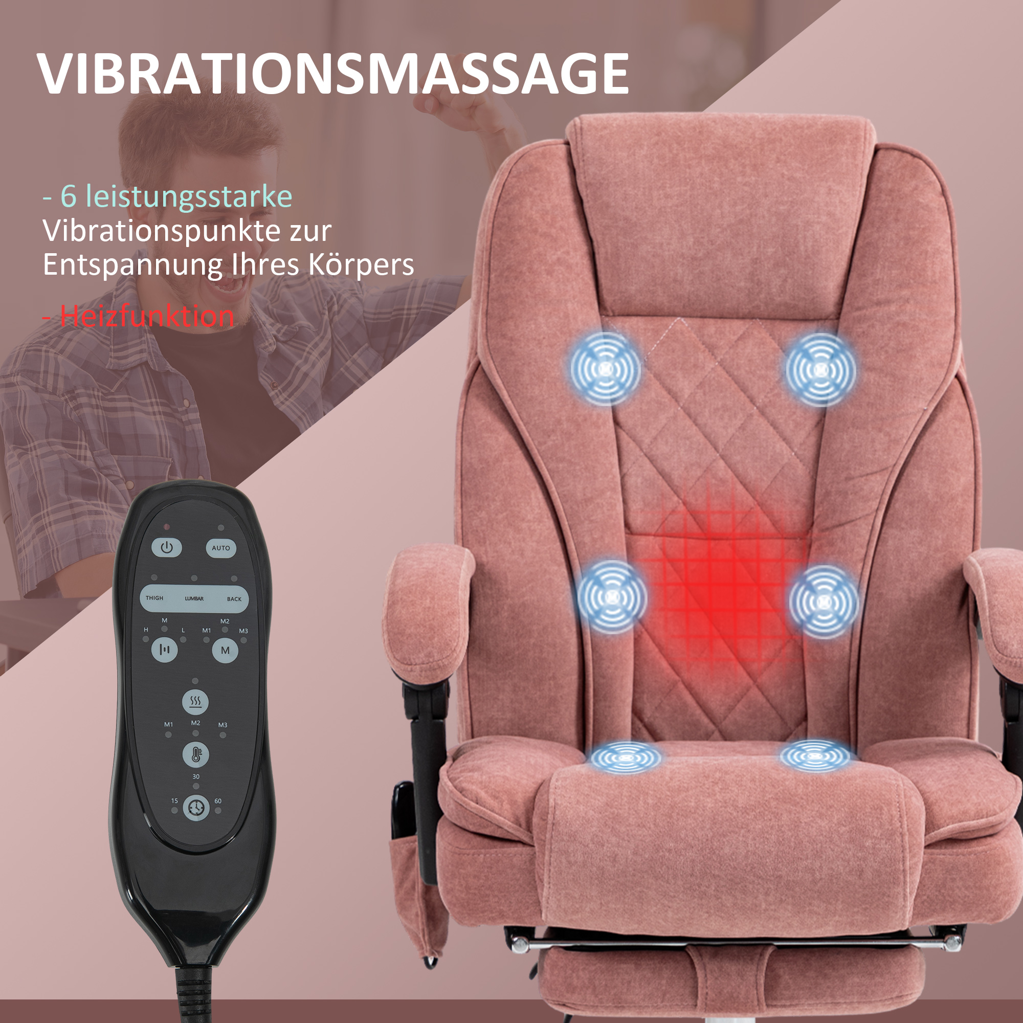 Vinsetto Ergonomische Bureaustoel met Massagefunctie, Voetensteun, Draaibaar, Rolbaar, Roze