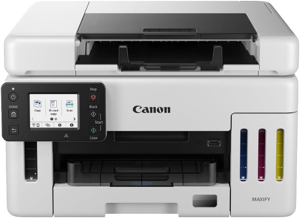 Canon MAXIFY GX6550 Tintenstrahldrucker 3-in-1 Multifunktionsgerät MegaTank (Drucker, Scanner, Kopierer, WLAN, LAN, Cloud, Duplexdruck, Duplex ADF, 350 Blatt Kapazität, Wischfeste Ausdrucke) weiß