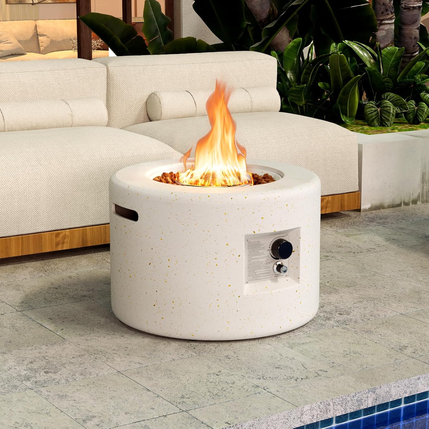 Tangkula Propane Fire Pit Table, 25.5�� Round Terrazzo Gas Fire Pit with Stainless Steel Burner & Lava Rocks, Protective Cover & Tank Seat Included, 40,000 BTU Smokeless Fire Pit for Outside Patio