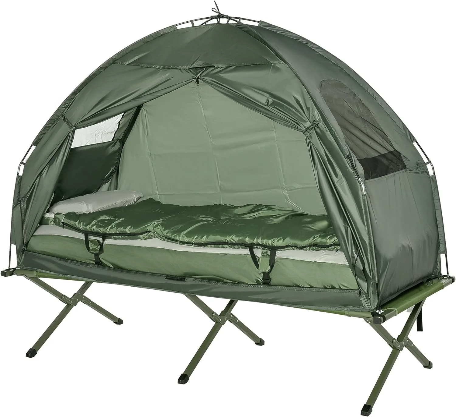 Outsunny Veldbed 4-in-1 Camping Set met Tent Slaapzak Matras opvouwbaar, Donkergroen