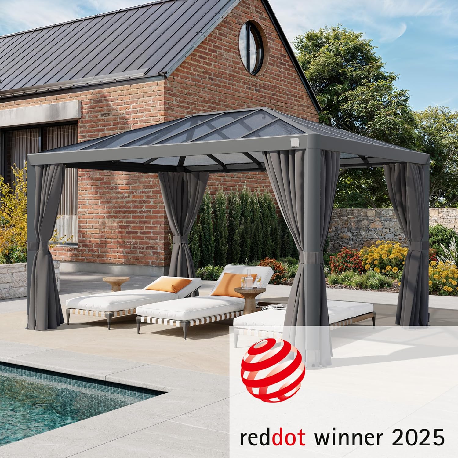 PRIMEYARD Gartenpavillon 3x4 m mit Polycarbonatdach - Hardtop Pavillon mit 4 Seitenteilen in Grau