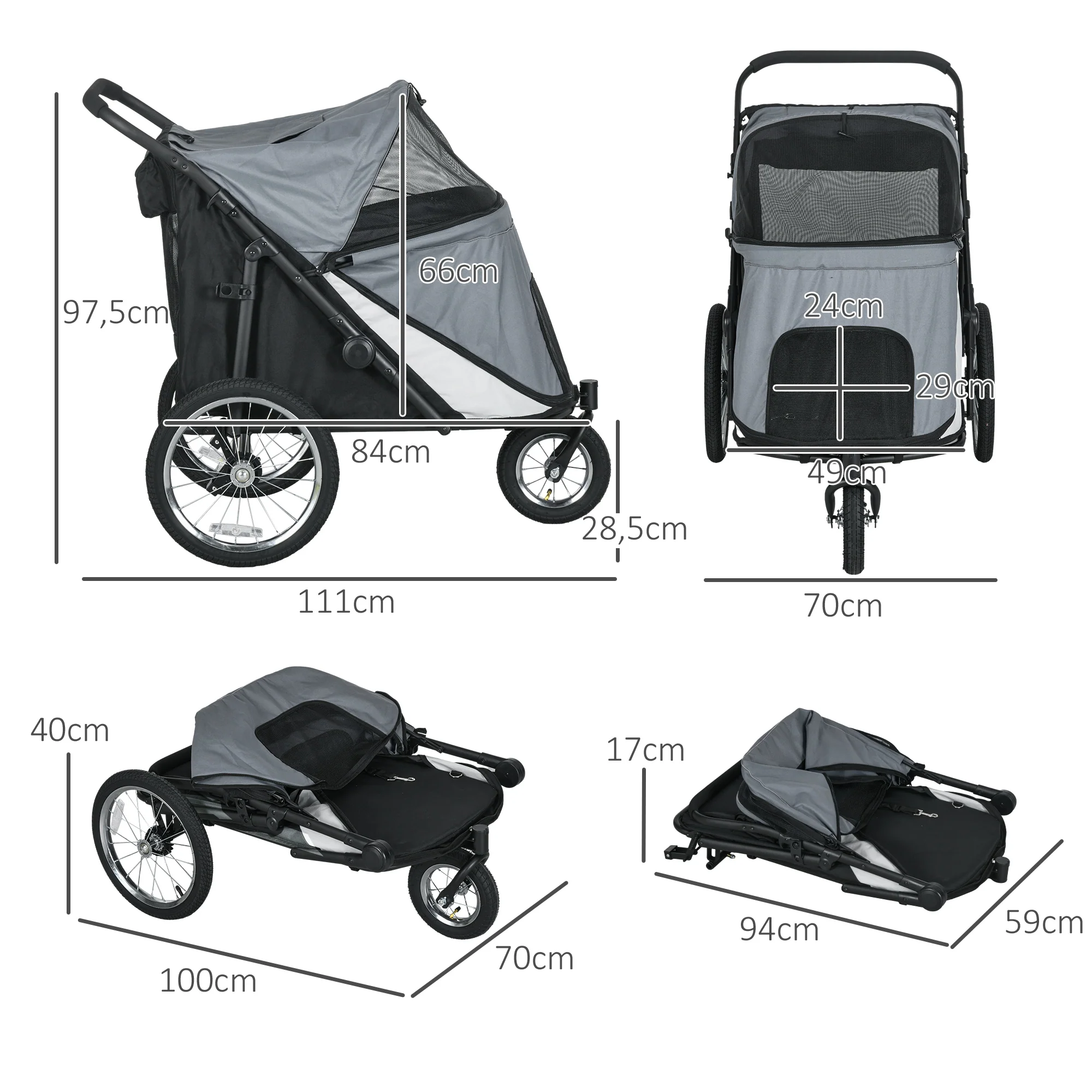 PawHut Hondenbuggy, opvouwbaar, opklapbaar, Ligkussen, Stalen frame, Grijs/Zwart