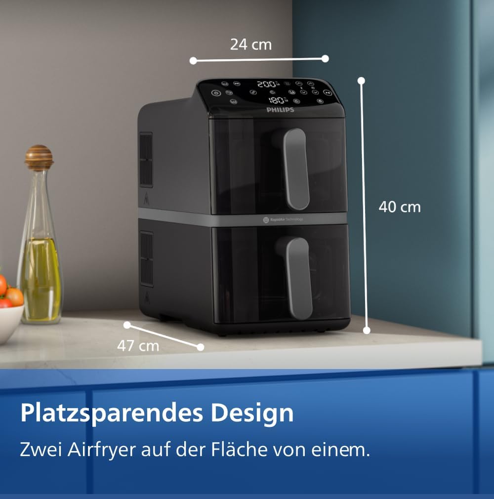 Airfryer 4000 Series Stacked Dual Basket, Gestapelte Heißluftfritteuse mit 2 Körben, 10L, RapidAir Technologie, 45% weniger Platzbedarf, PFAS-freie Keramikbeschichtung, Sichtfenster (NA460/00)