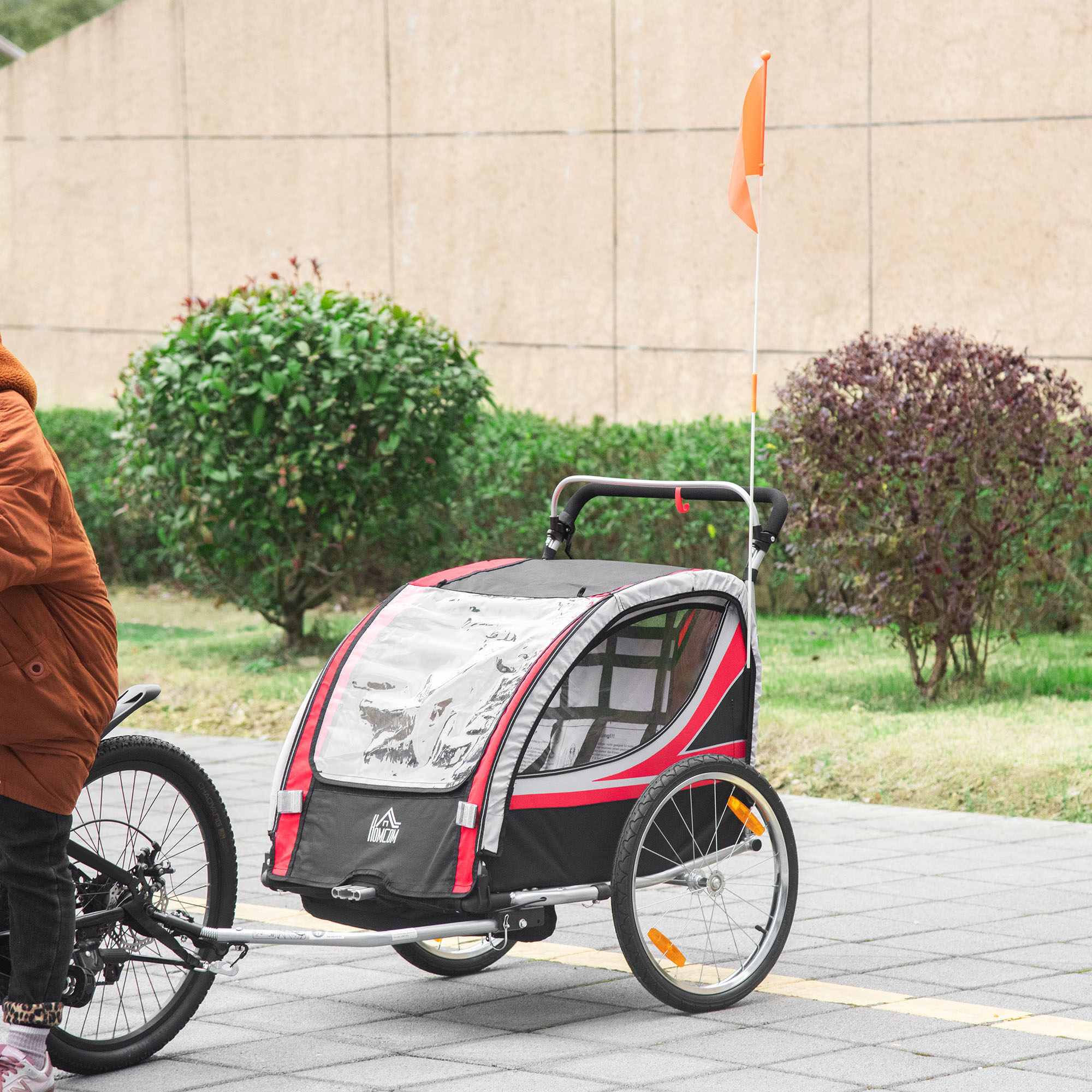 2 in 1 kinderfietskar, kinderkar met vering, rood + zwart