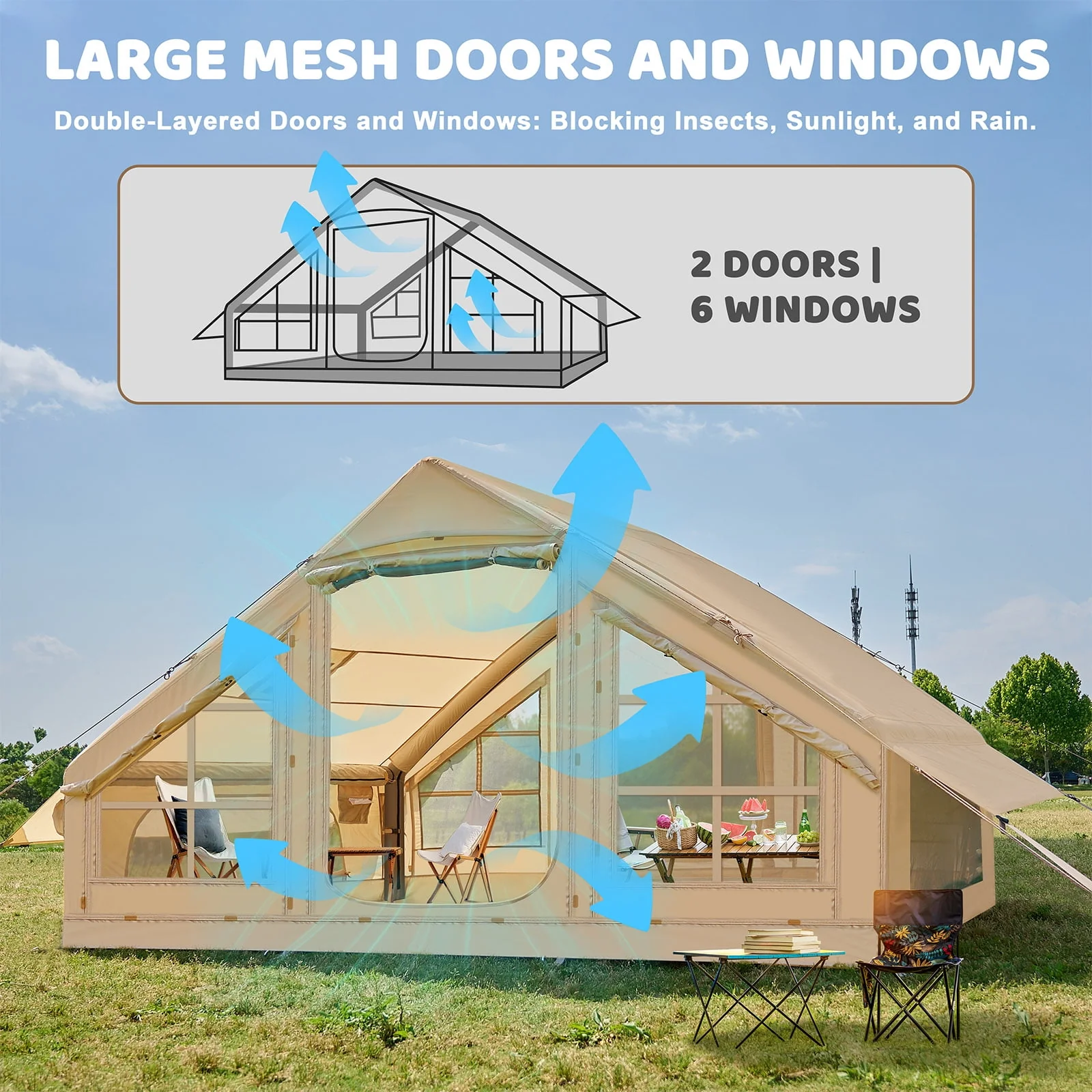 2025 6 Person Inflatable Camping Tent with Pump, 10ft x7ft Glamping Family Tent Easy Setup 4 Season Waterproof Windproof Outdoor Blow Up Tent Luxury Oxford Cabin with Mesh Windows & Doors  sgtnighsdesigns