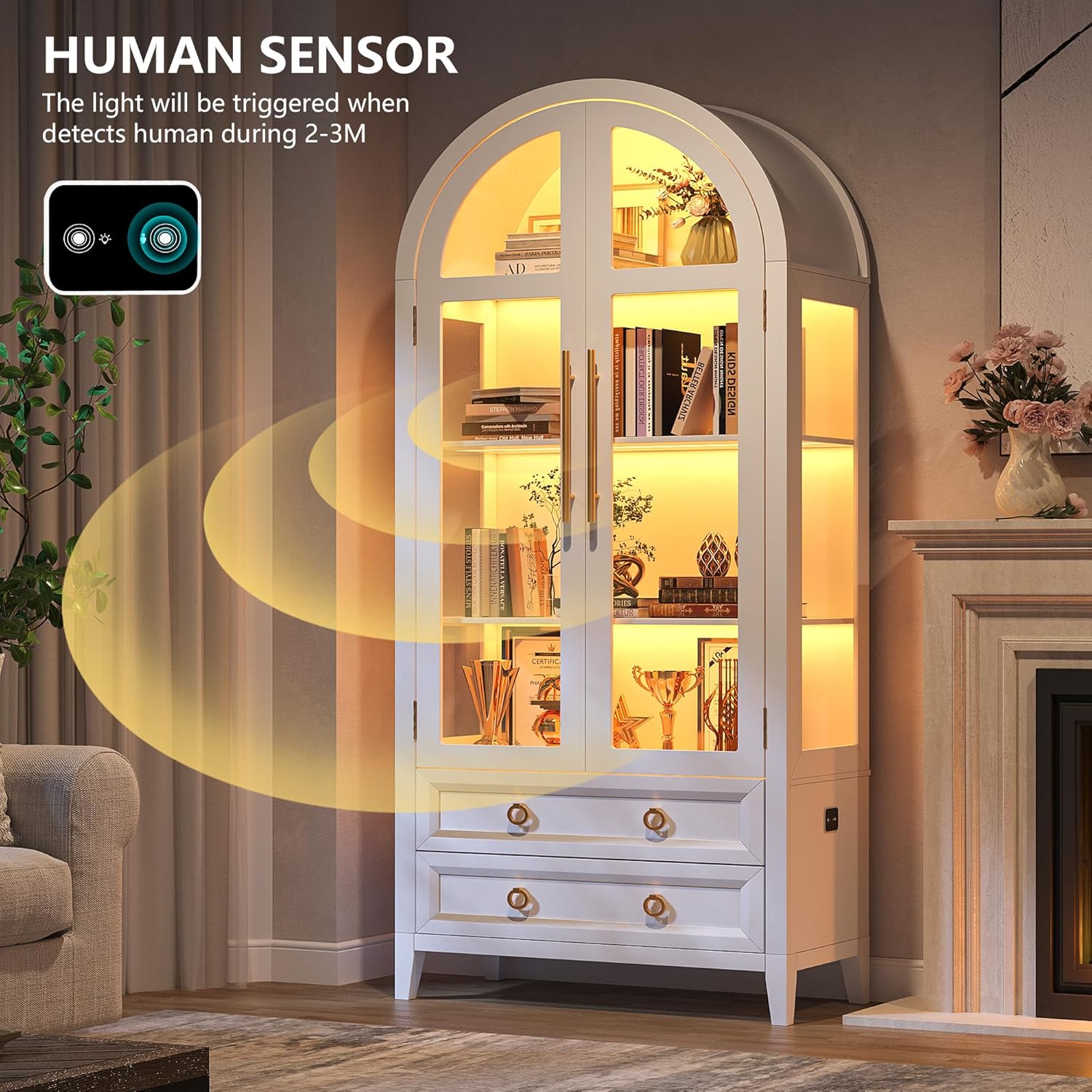LVSOMT Gewölbte Glasvitrine mit LED Beleuchtung, 180cm Vitrinenschrank mit Glastüren, Bogen Vitrine mit 4 Display Regale und 2 Schubladen, 3 Farbe Licht, Vitrine Glas Holz Wohnzimmer Flur, Weiß