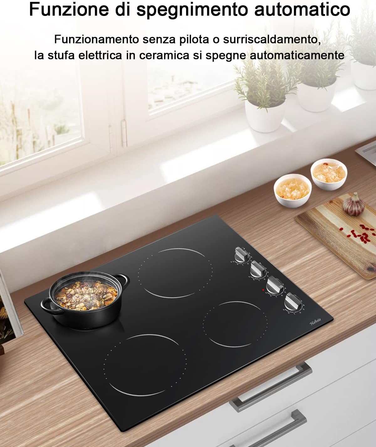 Glaskeramikkochfeld 4 Zonen Kochfelder Sensor-touch Control Kochfeld Autark 60cm, 6000W, 9 Leistungsstufe, verkabelt, kein Stecker