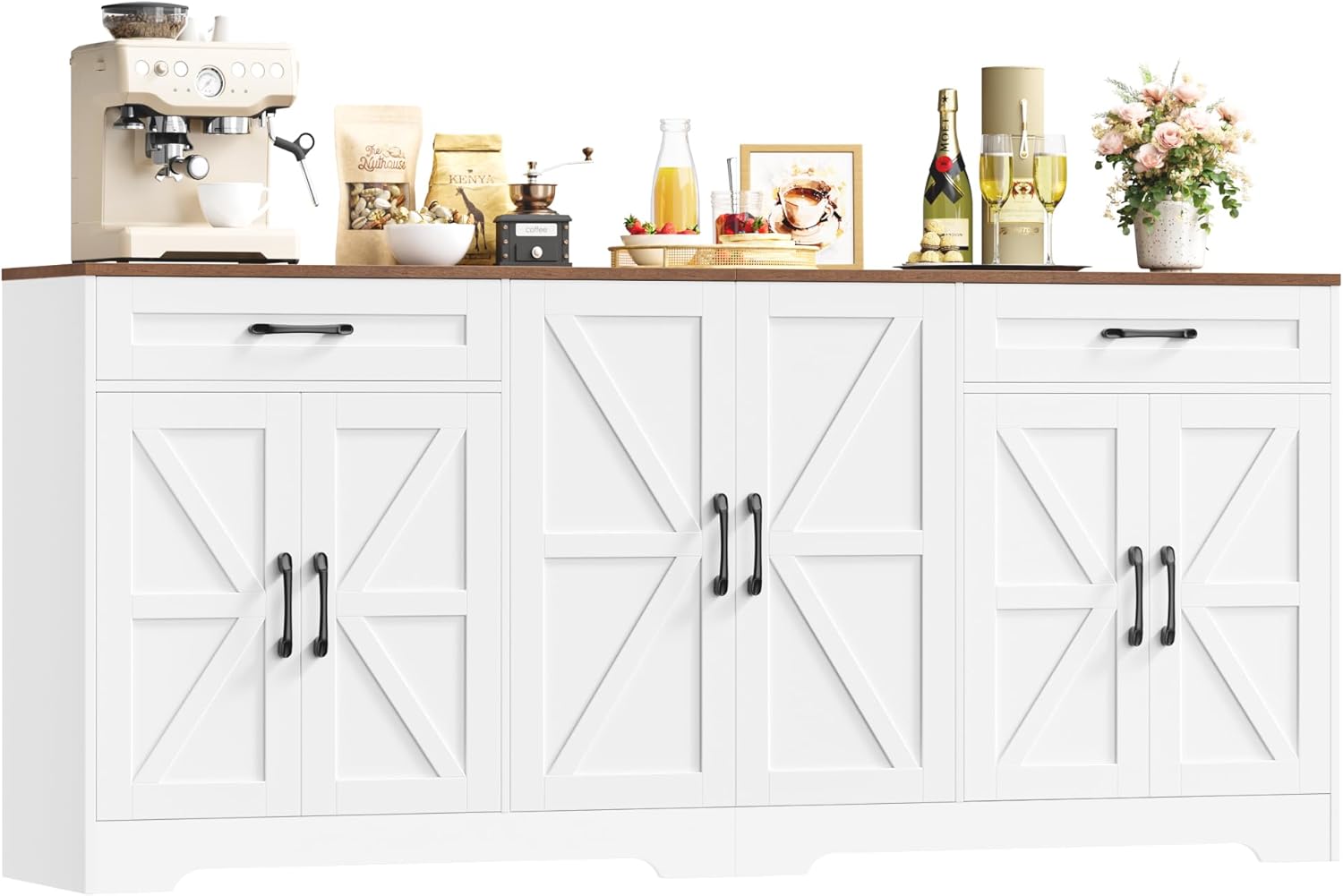 HOCSOK Sideboard, 180cm Breit Küchenschrank mit Arbeitsplatte, Sideboard Küche mit 6 Türen und 2 Schubladen, Anrichte Küchenbuffet Buffetschrank mit Verstellbare Regal für Wohnzimmer, 180×87×34 cm