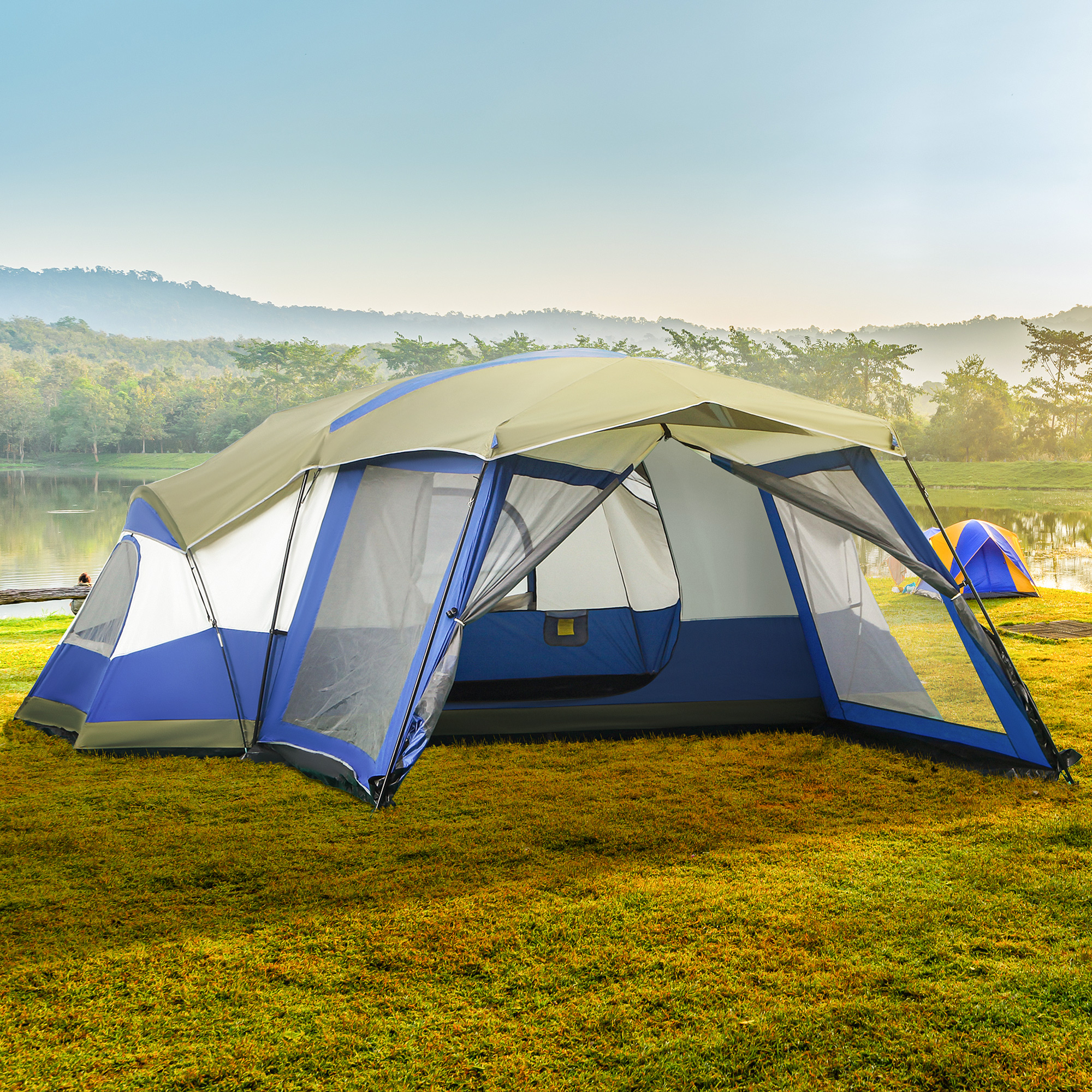 Camping Tent 6-8 Persoons Familietent met Vestibule Glasvezel Blauw