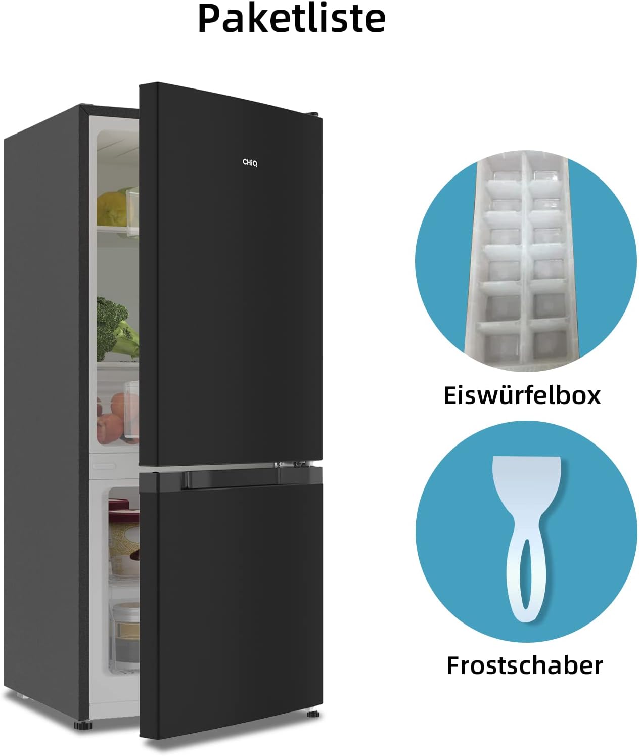 CHIQ CTT107BC Kühlschrank Klein 107 Liter, Höhe 84cm, Tiefe 55cm, Platzbedarf nur 0,3 ㎡, Mikro-Gefrierfach, Vario Box, 7 Temperaturregelstufen, geräuscharm, 87 kWh/Jahr, Schwarz