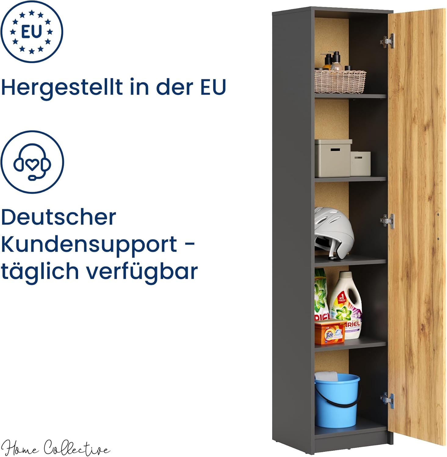 Home Collective Regal mit 5 Ebenen in matt Aktenschrank mit 4 Einlegeböden und 1 Tür, Standregal 39 cm breit mit hochwertigen Polymergriffen ideal für Schlafzimmer Wohnzimmer Flur Büro Graphit Eiche