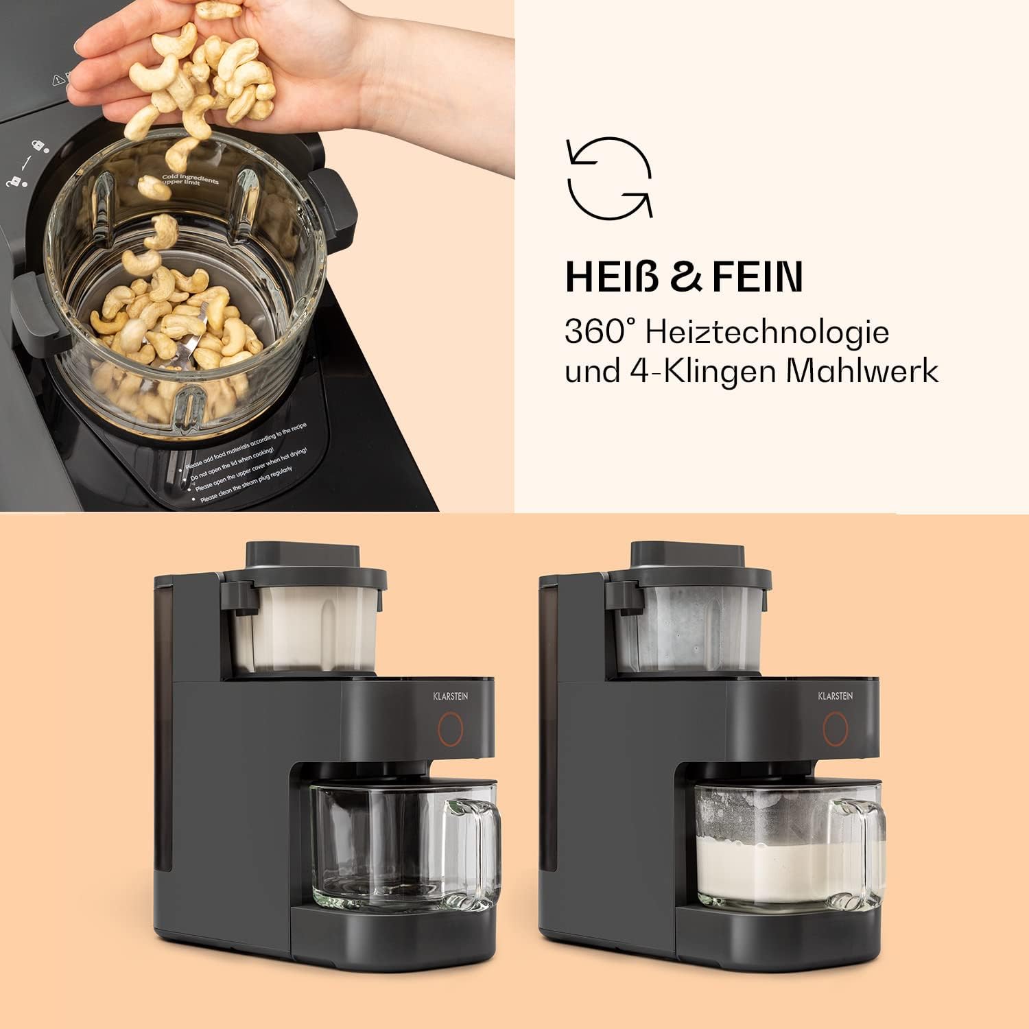 Klarstein Mixer, Standmixer mit 300 Motor- und 1250 Watt Heizleistung, Hochleistungsmixer für Pflanzenmilch Zubereitung, Smoothie Mixer mit 360° Heiztechnologie, 30.000 U/min, Touchscreen, Schwarz
