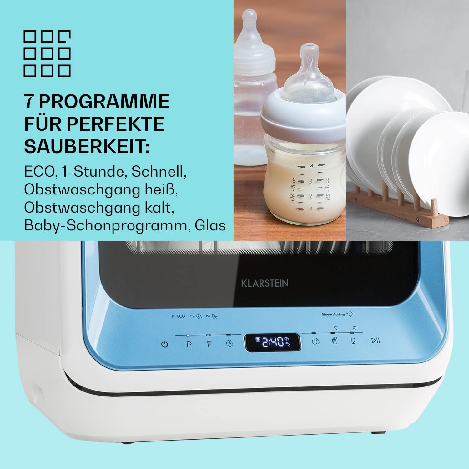 Klarstein Amazonia Mini Geschirrspüler – Kompakte Tischspülmaschine mit Wassertank, 7 Programme, 5L, Digitalanzeige, Leise 58dB, Energieeffizienzklasse D, Tragbar für kleine Küchen & Reisen, Blau