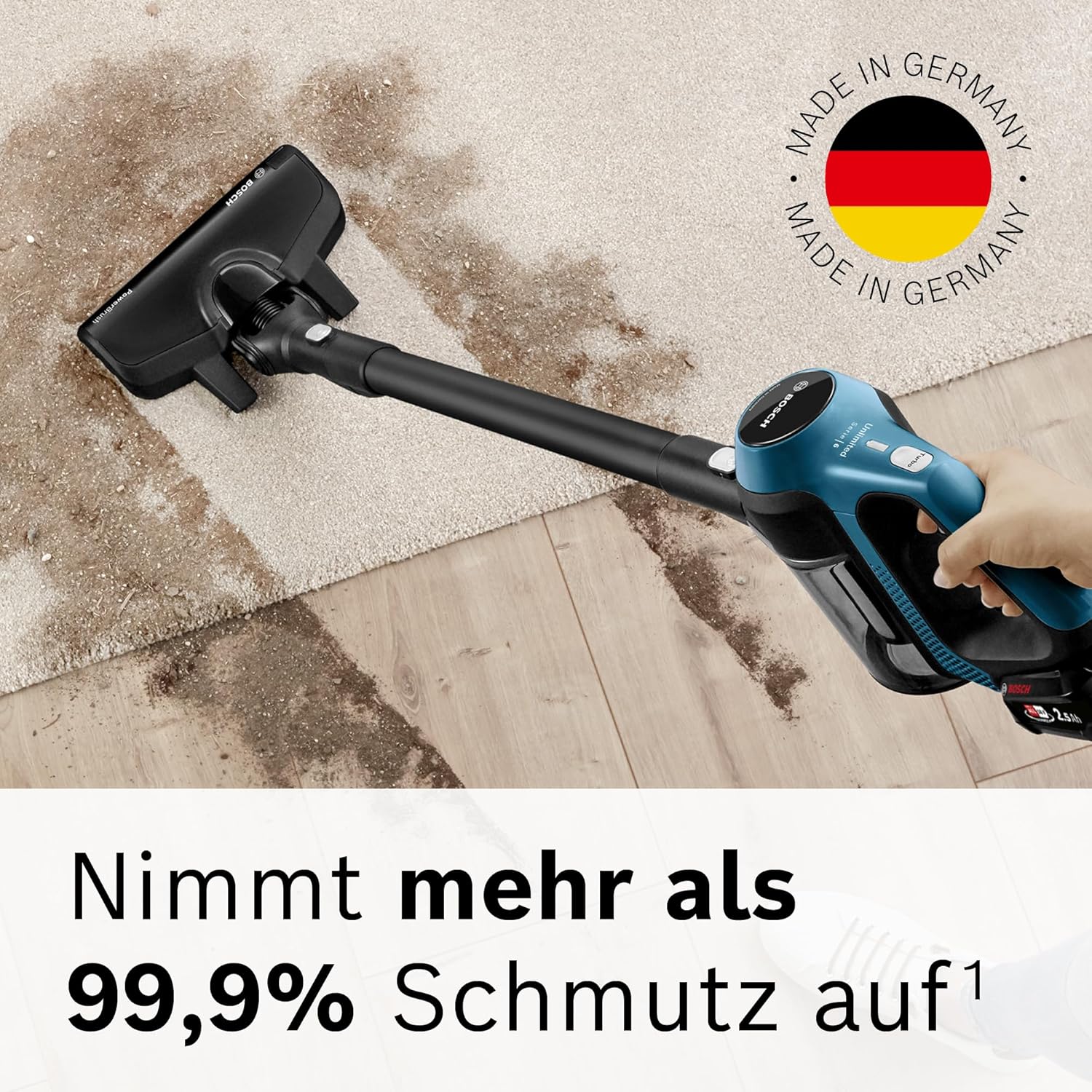 Bosch Draadloze steelstofzuiger Unlimited Serie 6 BKS6111P, draadloos, zakloos, lichtgewicht, hygi?nefilter, hoge zuigkracht, lange gebruiksduur, kierenzuigmond, voor alle vloertypes, blauw