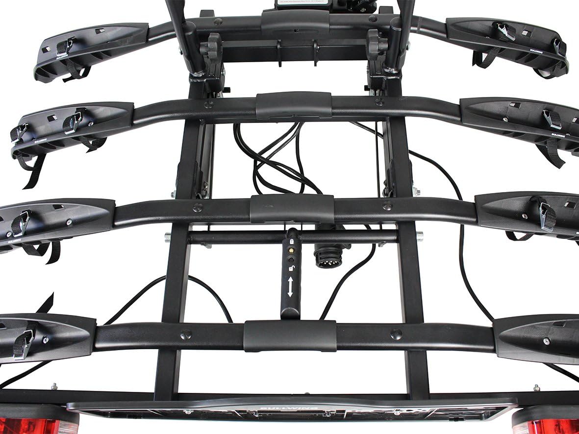 Bullwing SR8 Fahrradträger für 4 Fahrräder auf Auto Anhängerkupplung Heckträger Radträger abklappbar mit Schnellverschluss und Diebstahlschutz mit Wandhalterung und Rahmenhalter
