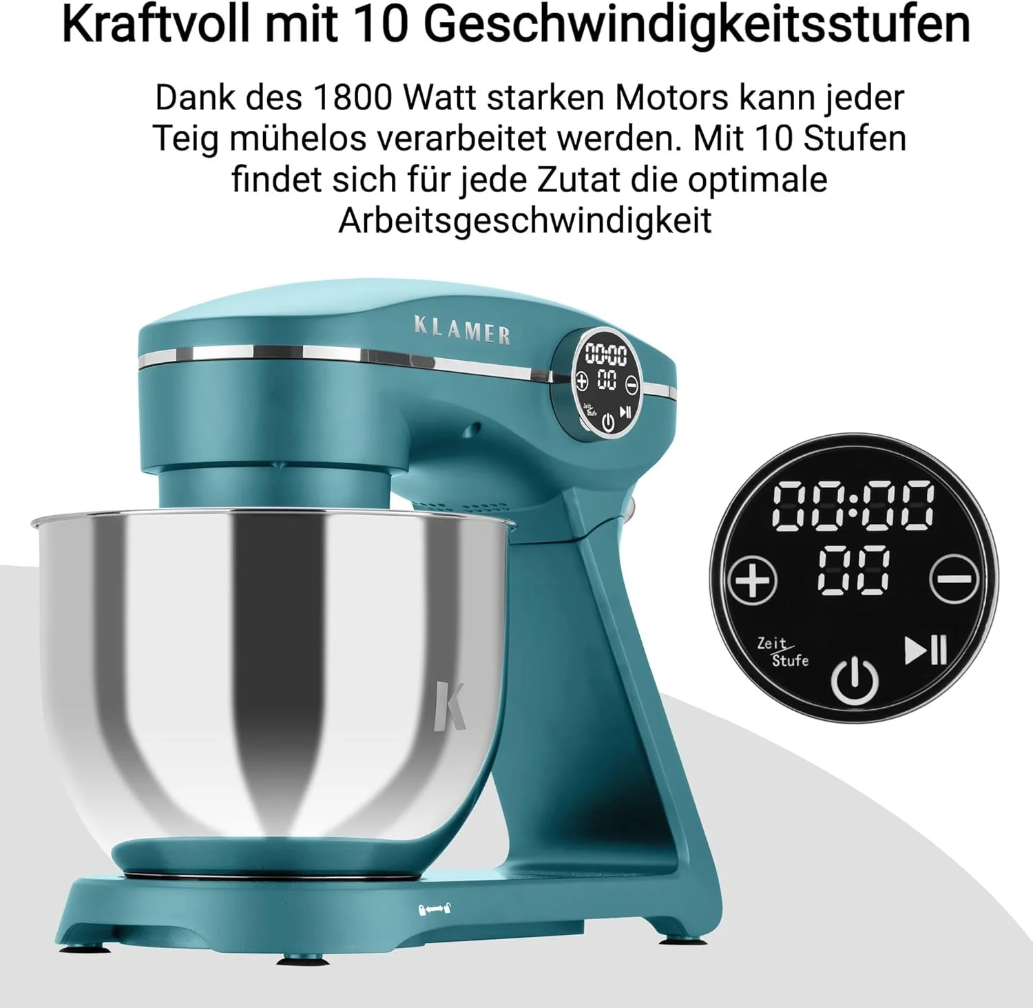 KLAMER Keukenmachine 1800W, Kneedmachine met 6 Liter RVS Kom, 10 Snelheidsstanden met Timer, Klopper, Deeghaak, Garde en Spatdeksel