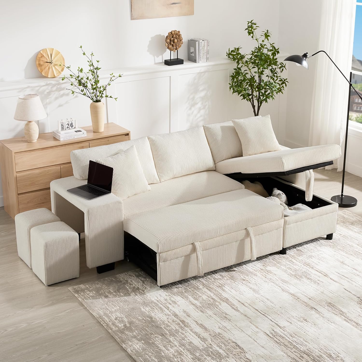 Klappsofa mit Schlaffunktion, L-förmiges umbaubares Ecksofa mit USB-Ladeanschluss und Kissen, 3-Sitzer-Umbausofa mit Seitenablagen und Stauraum