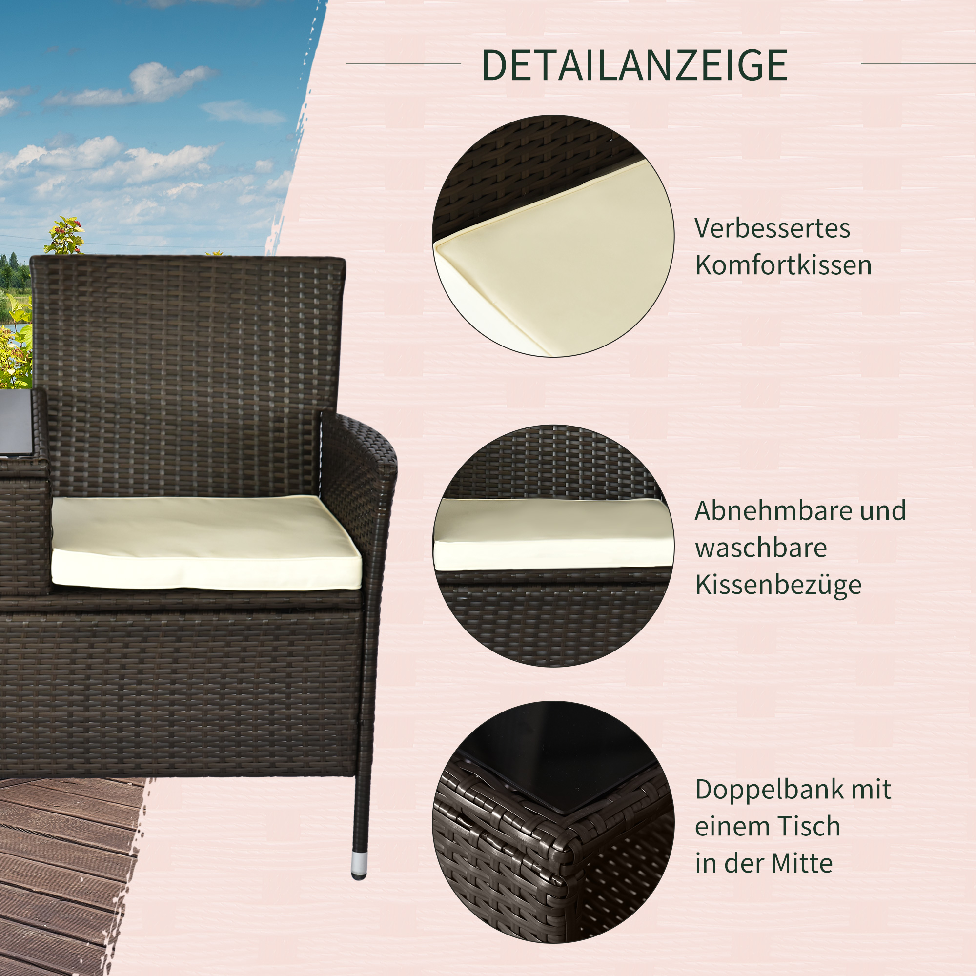 Poly-rotan tuinbank met tafel tuinbank bank 2-zits staal bruin
