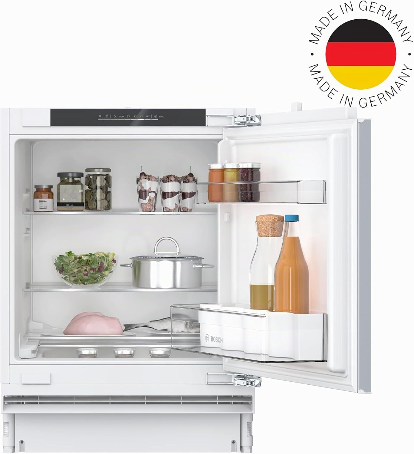 Bosch KUR21VFE0, Serie 4, Smarter Unterbau-Kühlschrank, 82 x 60 cm Nische, 134 L, Made in Germany, schnellere Kühlung auf Knopfdruck, sehr leise, Flachscharnier