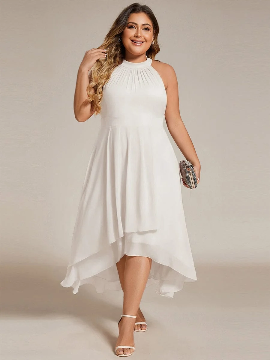 Damen Chiffon Midi-Kleid in A-Linie | Festliches Halterneck Kleid mit Plissee-Details | Sommerliches Kleid f��r Hochzeitsg?ste