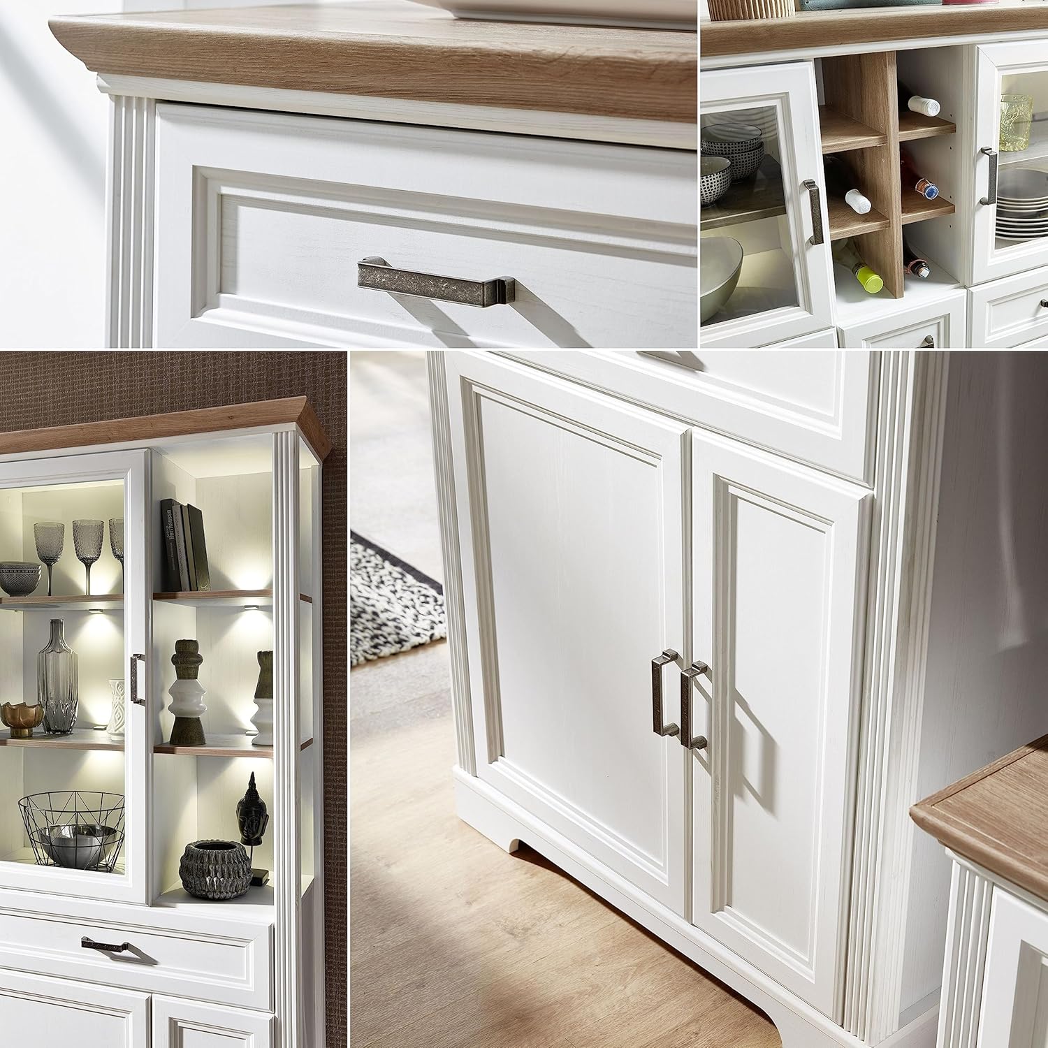 Stella Trading Buffetschrank in Pinie hell, Artisan Eiche Optik - Vitrinenschrank mit LED-Beleuchtung und viel Stauraum im Landhausstil - 166 x 205 x 48 cm (B/H/T)
