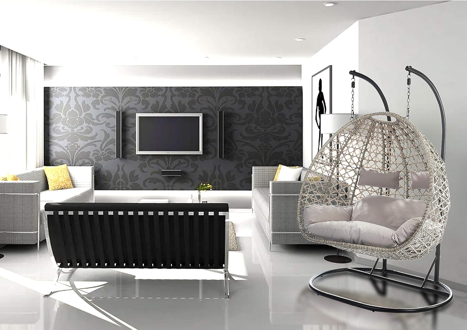 Kobolo Hängekorb Hängesessel Polyrattan für Zwei Personen inkl Gestell und Kissen Beige Innenbereich geschützter Außenbereich