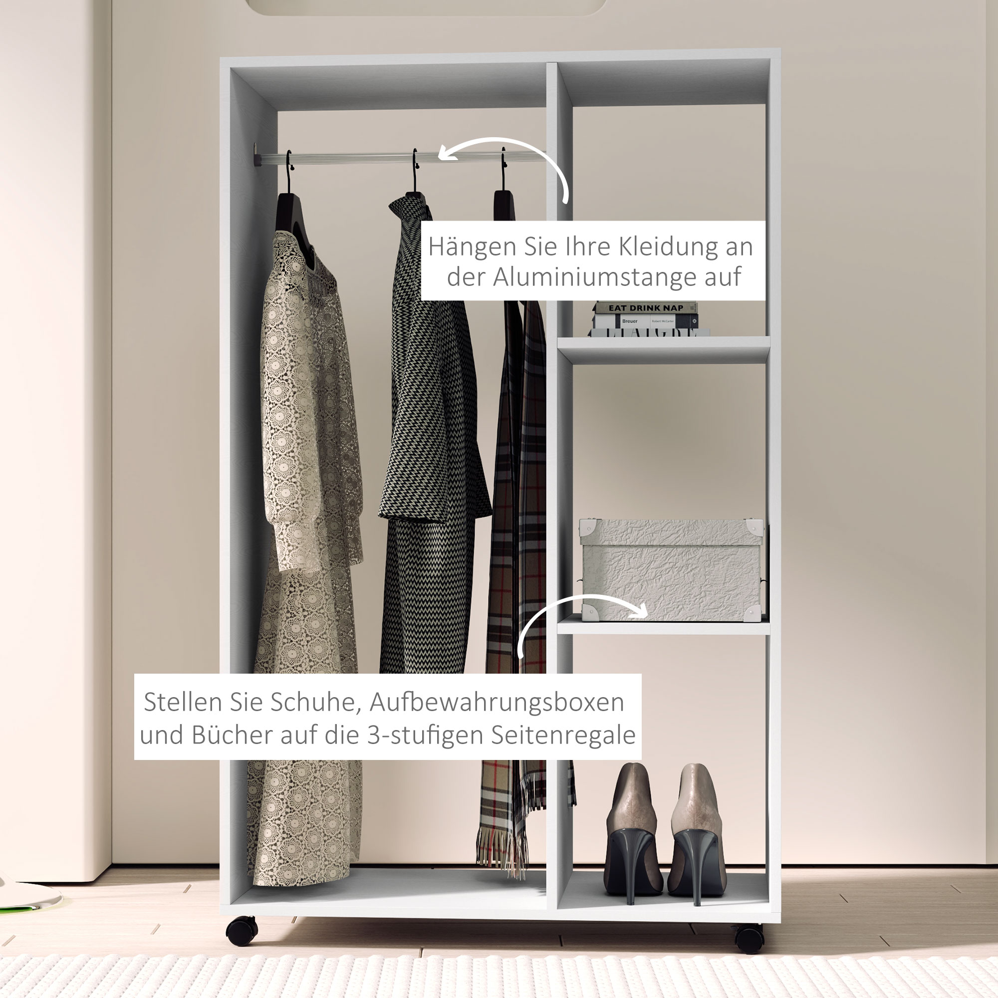 Mobiele Open Garderobe op Wielen, Garderobekast, Verplaatsbaar Kledingrek, 80 x 40 x 128 cm, Wit