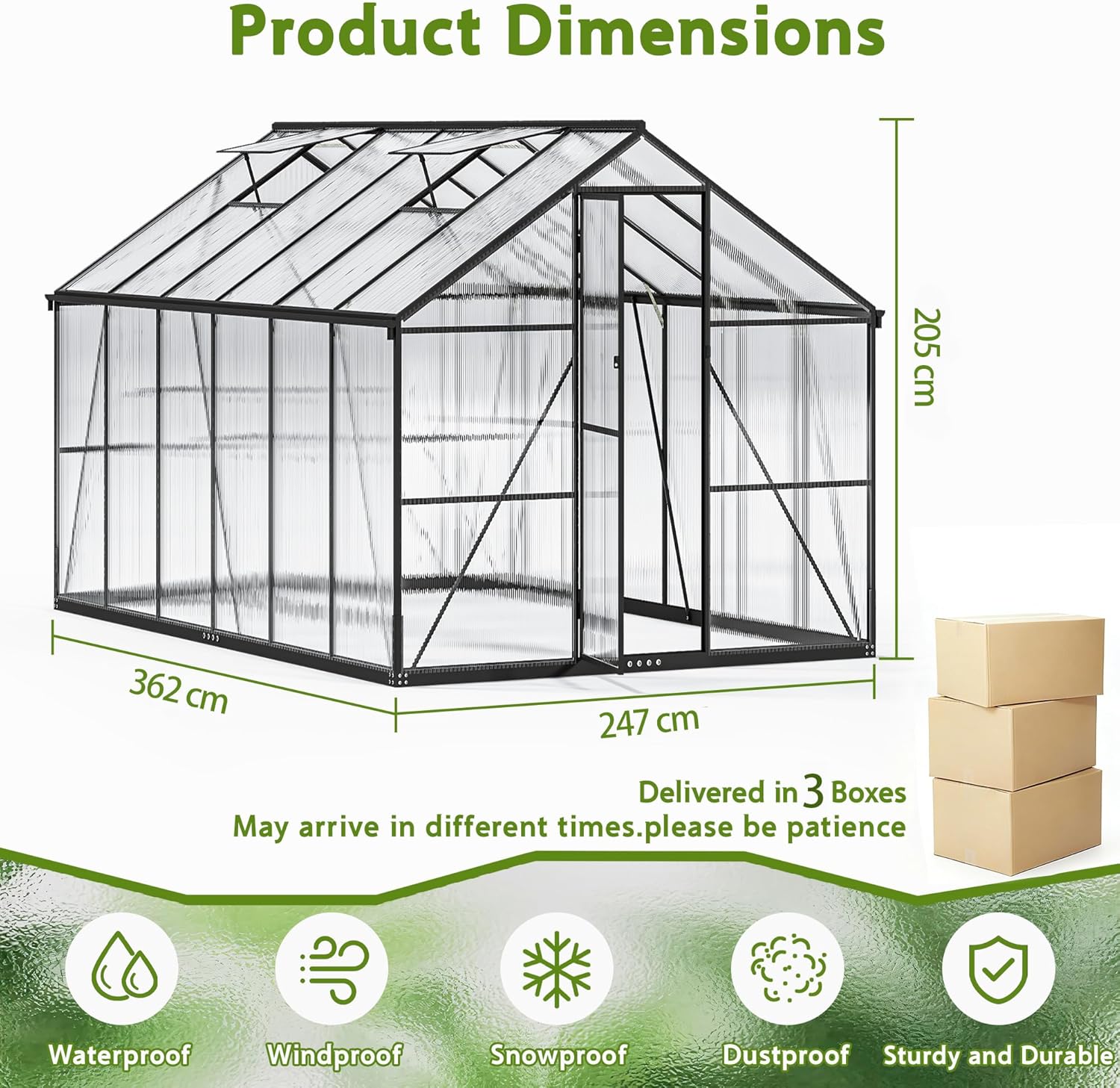 Gewächshaus Aluminium für den Garten, 362x247x205cm Gewächshaus Aluminium mit Fundament, Verstellbare Dachentlüftung, Vielseitig nutzbar als Winterfest Aufzucht Pflanzenhaus und Pflanzenhaus