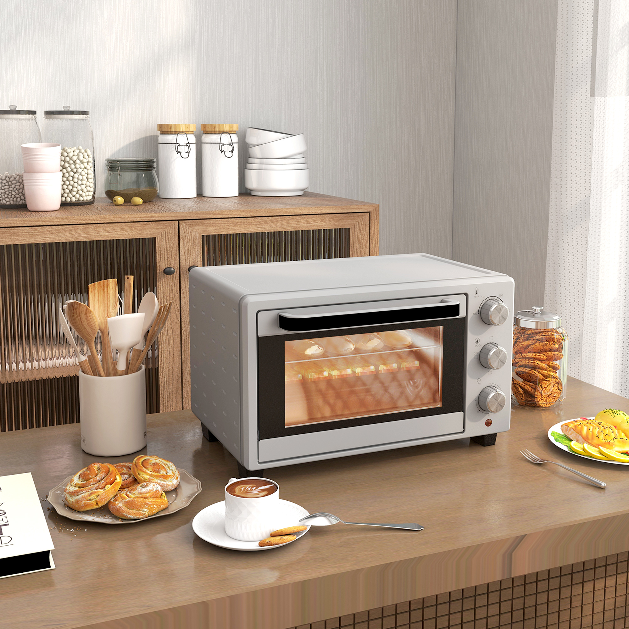 HOMCOM Minioven, 21L, 3 Kookmodi, 100°C-230°C, Rost & Plaat, Roestvrijstaal/Glas, Zilver