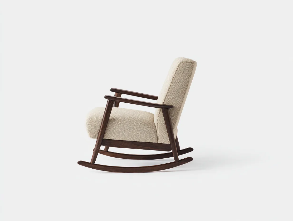 Schaukelstuhl aus Boucléstoff 68 x 92 x 98 cm - cremeweiß/dunkelbraun - für das Wohnzimmer - im Mid-Century-Stil mit Holzgestell