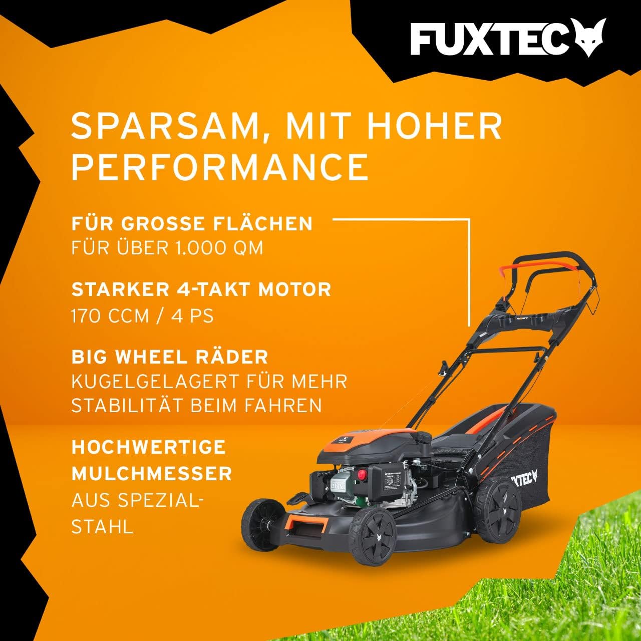 FUXTEC 4in1 Benzin Rasenmäher FX-RM5196eSPRO mit E-Start und regulierbarem Selbstantrieb, Gartenmäher inkl. Frontstoßstange, 51 cm Schnittbreite, kugelgelagerte Big Wheel Räder, 60L Grasfangkorb