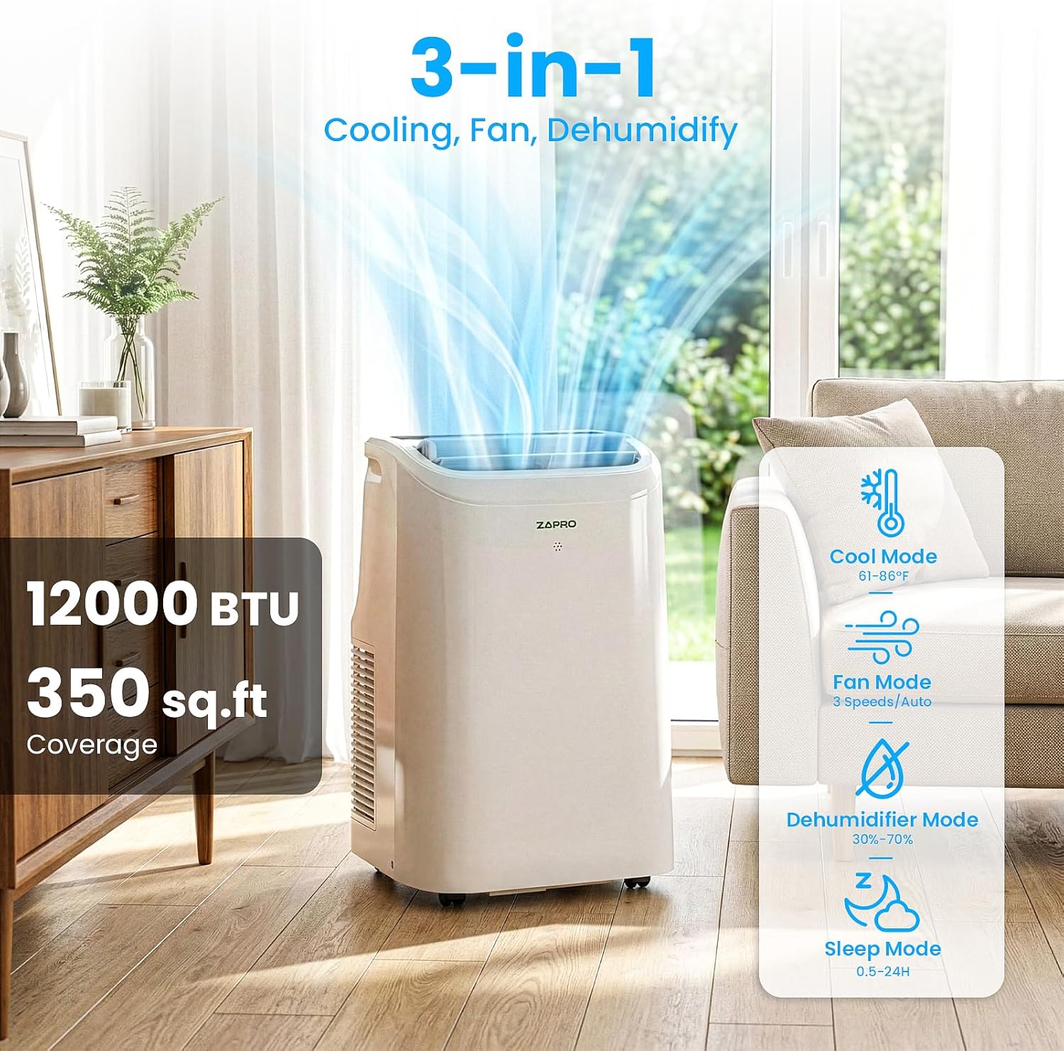 ZAFRO - Tragbare Klimaanlage, 12000 BTU (8000 BTU SACC), tragbarer AC mit Entwässerungskühlung, Lüfter und Luftentfeuchter, intelligente AC-Einheit mit App/Fernbedienung