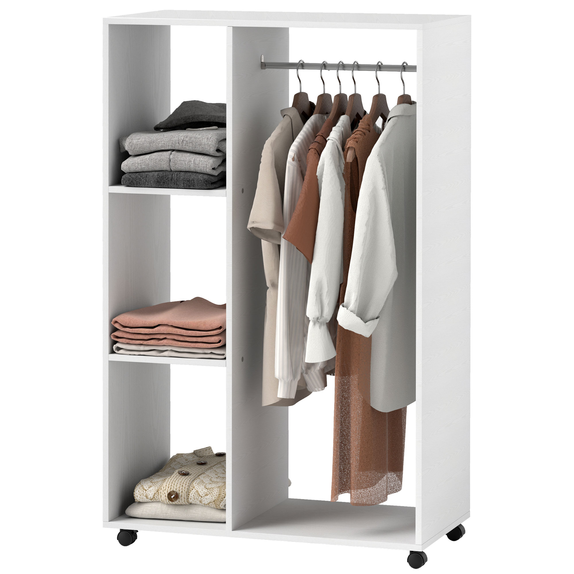 Mobiele Open Garderobe op Wielen, Garderobekast, Verplaatsbaar Kledingrek, 80 x 40 x 128 cm, Wit