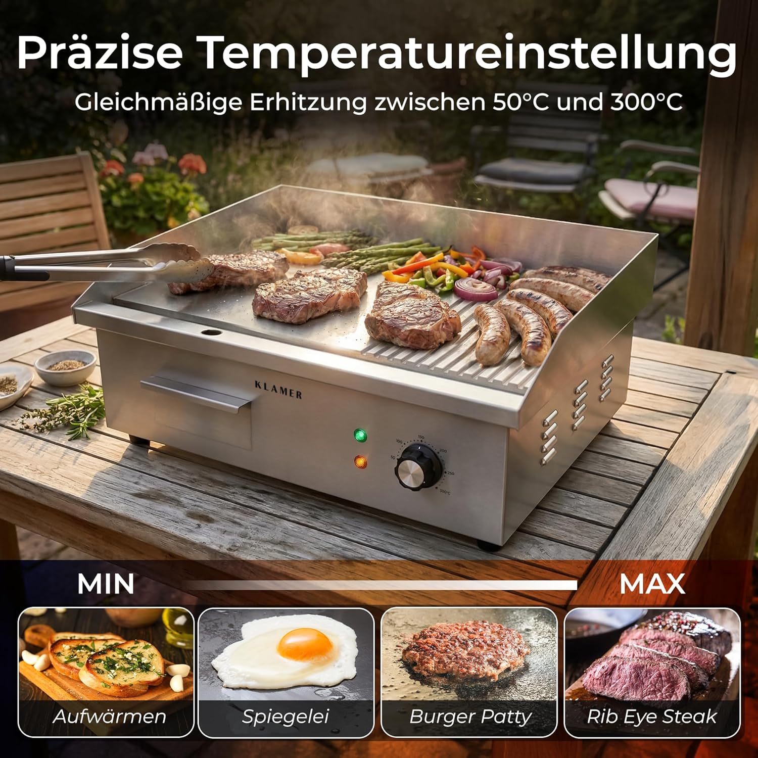 KLAMER Elektrogrill Edelstahl 3000W, XL Grillplatte 54,5x38,5 cm, Tischgrill Elektrisch 50–300°C, Eisengrillplatte, Spritzschutz, Auffangbehälter, Balkon & Gastronomie